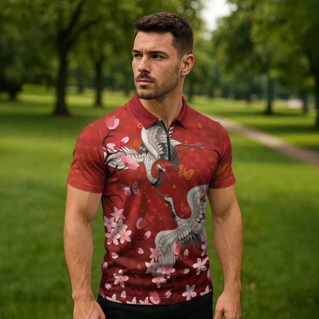 Hawaii Japan Cranes Sakura Flower Red Zipper Polo Shirt Japan Heritage Spirit - Polynesian Pride