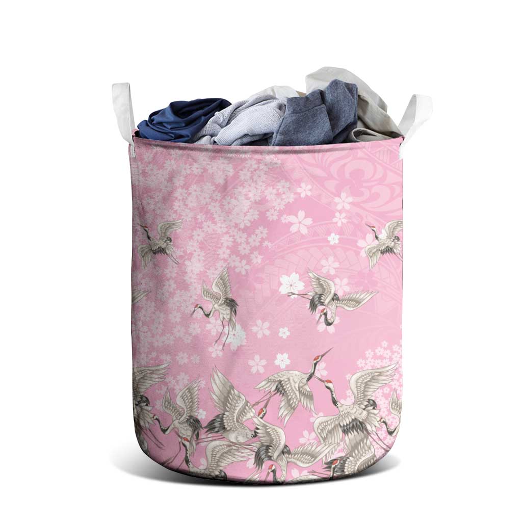 Cranes Sakura Floral Pink Pastel Laundry Basket Hawaii Japan Culture - Polynesian Pride