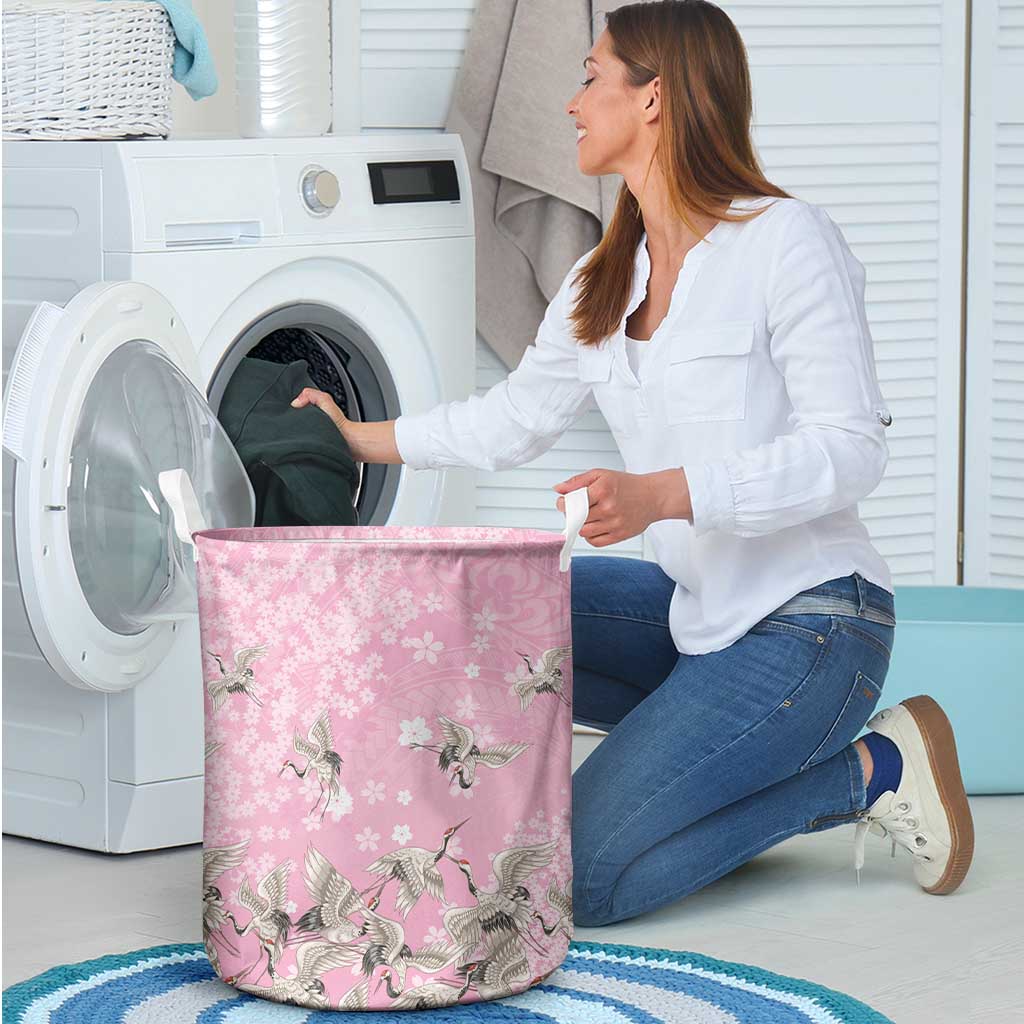 Cranes Sakura Floral Pink Pastel Laundry Basket Hawaii Japan Culture - Polynesian Pride