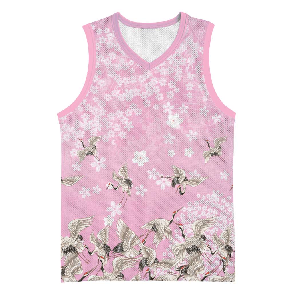 Cranes Sakura Floral Pink Pastel Basketball Jersey Hawaii Japan Culture - Polynesian Pride
