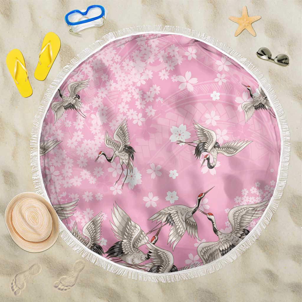 Cranes Sakura Floral Pink Pastel Beach Blanket Hawaii Japan Culture LT01 One Size 150cm Pink - Polynesian Pride