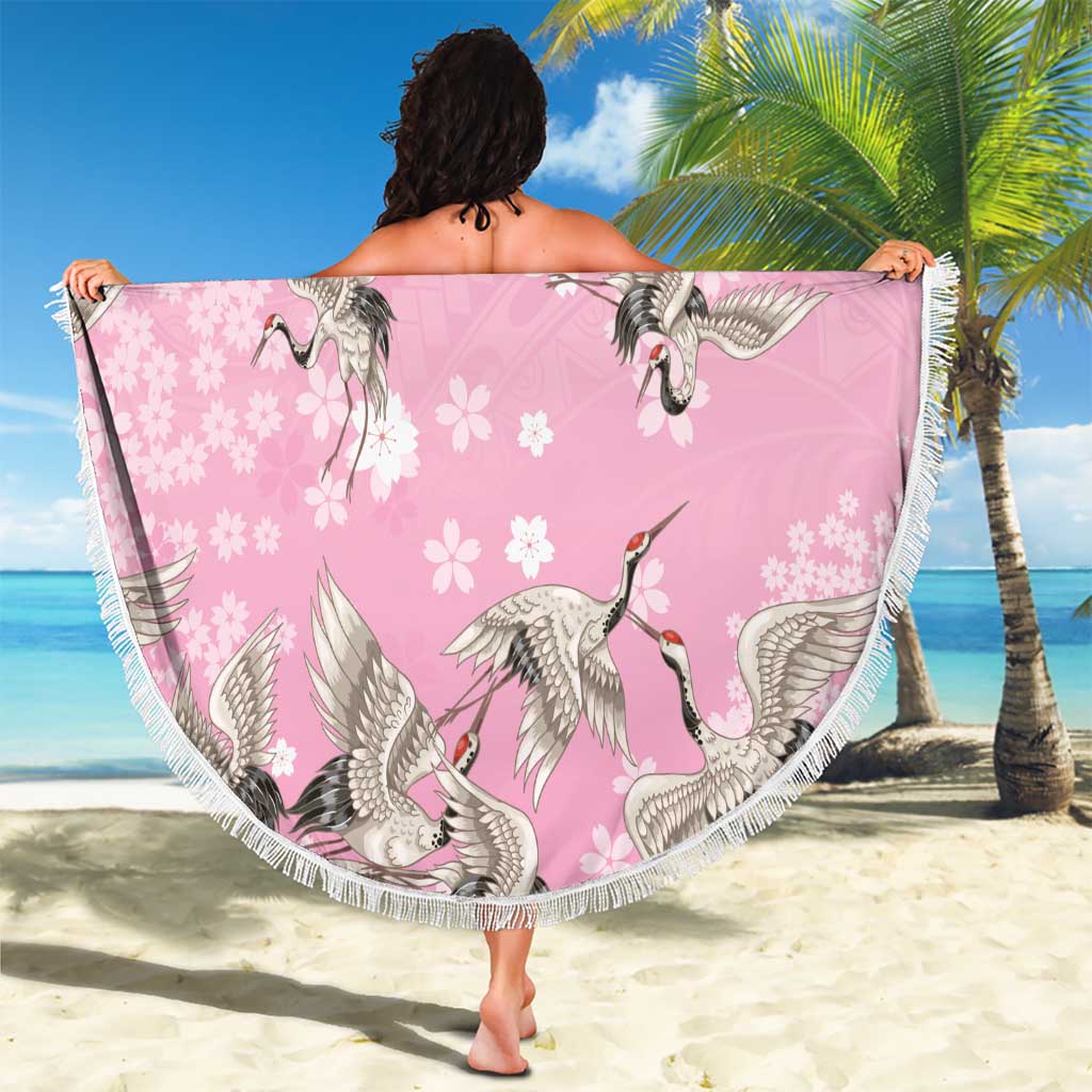 Cranes Sakura Floral Pink Pastel Beach Blanket Hawaii Japan Culture - Polynesian Pride