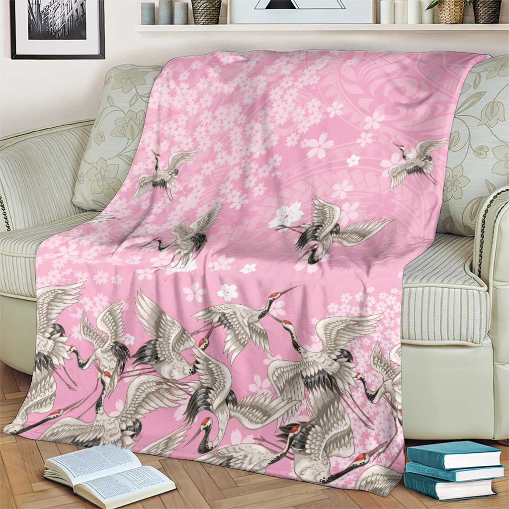 Cranes Sakura Floral Pink Pastel Blanket Hawaii Japan Culture - Polynesian Pride