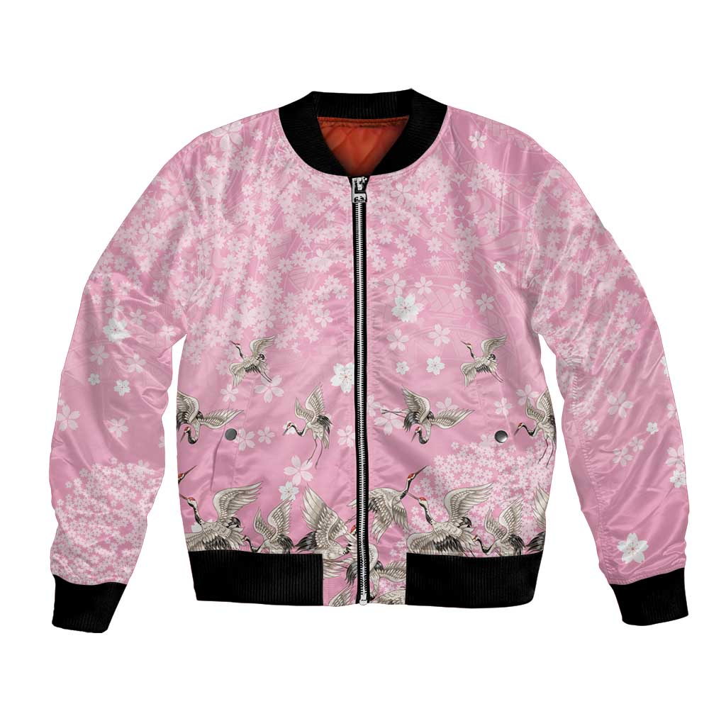 Cranes Sakura Floral Pink Pastel Bomber Jacket Hawaii Japan Culture - Polynesian Pride