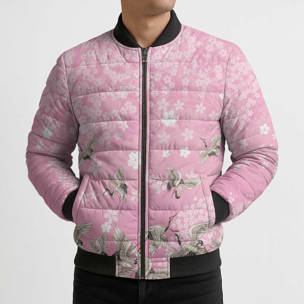 Cranes Sakura Floral Pink Pastel Bomber Puffer Jacket Hawaii Japan Culture - Polynesian Pride