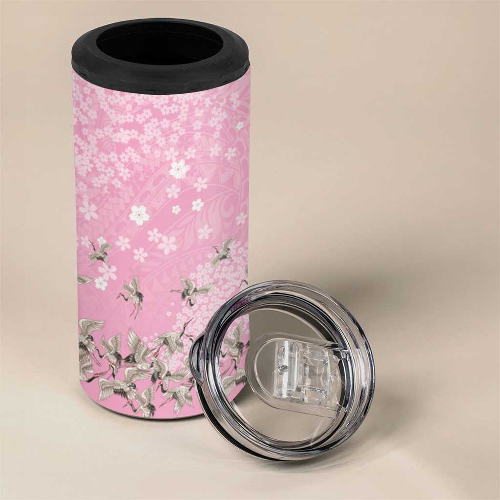 Cranes Sakura Floral Pink Pastel 4 in 1 Can Cooler Tumbler Hawaii Japan Culture - Polynesian Pride