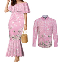Cranes Sakura Floral Pink Pastel Couples Matching Mermaid Dress and Long Sleeve Button Shirt Hawaii Japan Culture - Polynesian Pride