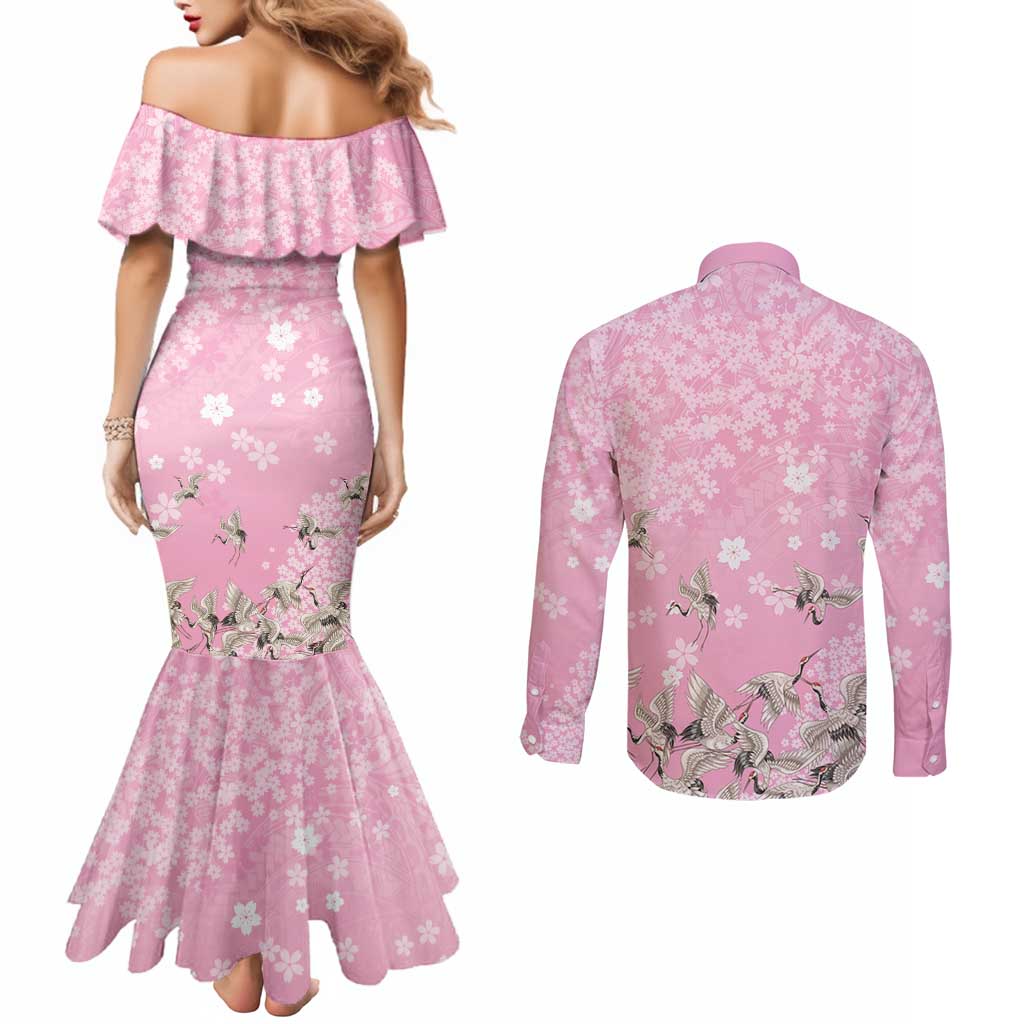 Cranes Sakura Floral Pink Pastel Couples Matching Mermaid Dress and Long Sleeve Button Shirt Hawaii Japan Culture - Polynesian Pride