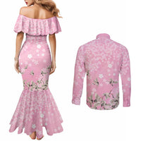 Cranes Sakura Floral Pink Pastel Couples Matching Mermaid Dress and Long Sleeve Button Shirt Hawaii Japan Culture - Polynesian Pride
