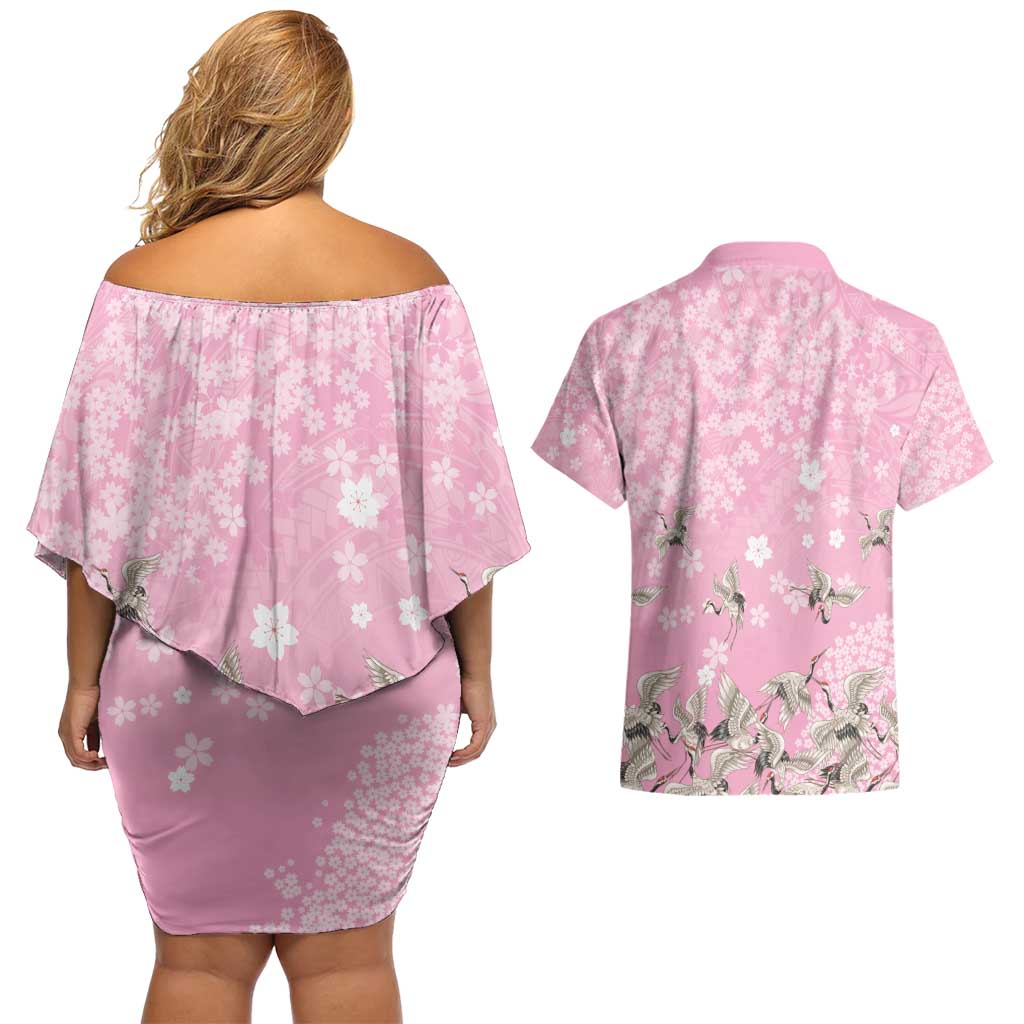 Cranes Sakura Floral Pink Pastel Couples Matching Off Shoulder Short Dress and Hawaiian Shirt Hawaii Japan Culture - Polynesian Pride