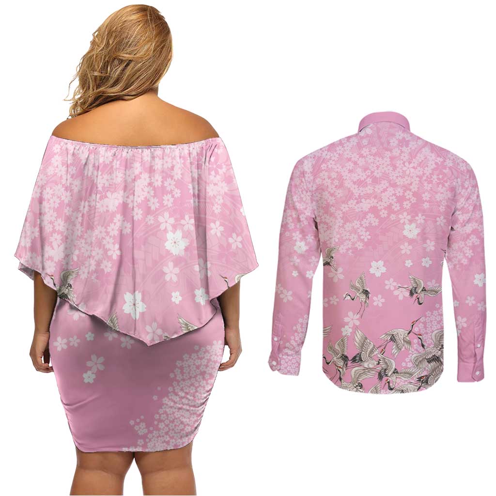 Cranes Sakura Floral Pink Pastel Couples Matching Off Shoulder Short Dress and Long Sleeve Button Shirt Hawaii Japan Culture - Polynesian Pride