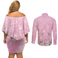 Cranes Sakura Floral Pink Pastel Couples Matching Off Shoulder Short Dress and Long Sleeve Button Shirt Hawaii Japan Culture - Polynesian Pride