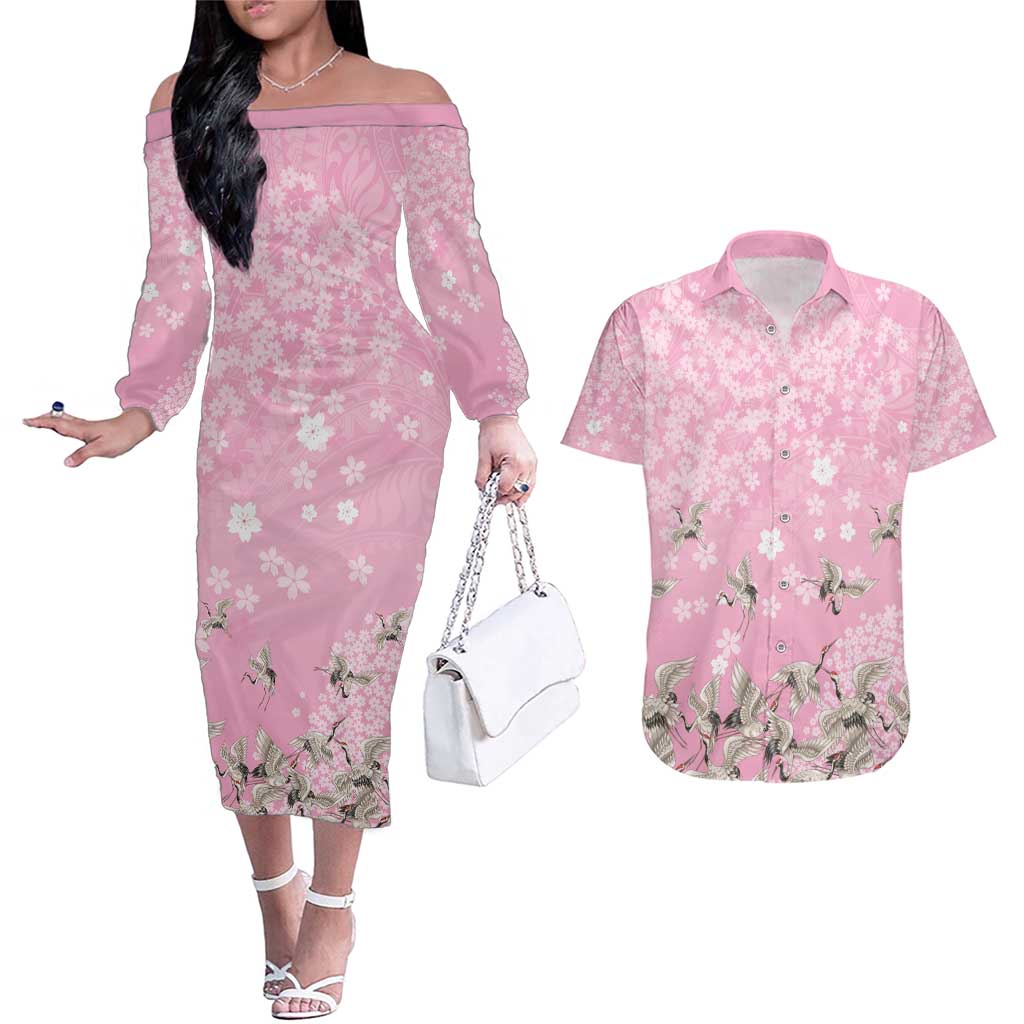 Cranes Sakura Floral Pink Pastel Couples Matching Off The Shoulder Long Sleeve Dress and Hawaiian Shirt Hawaii Japan Culture - Polynesian Pride