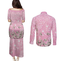 Cranes Sakura Floral Pink Pastel Couples Matching Puletasi and Long Sleeve Button Shirt Hawaii Japan Culture - Polynesian Pride