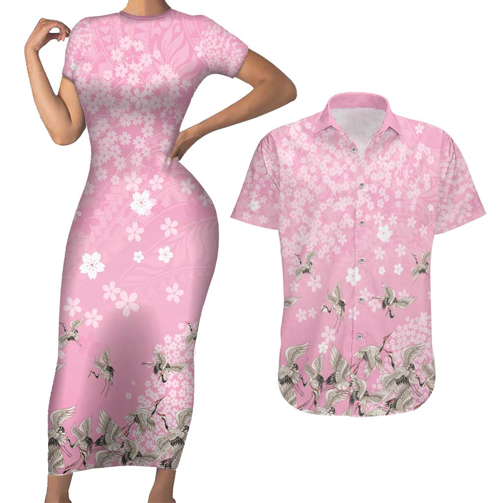 Cranes Sakura Floral Pink Pastel Couples Matching Short Sleeve Bodycon Dress and Hawaiian Shirt Hawaii Japan Culture - Polynesian Pride