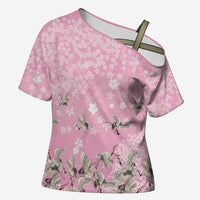 Cranes Sakura Floral Pink Pastel Cross Shoulder Shirt Hawaii Japan Culture - Polynesian Pride