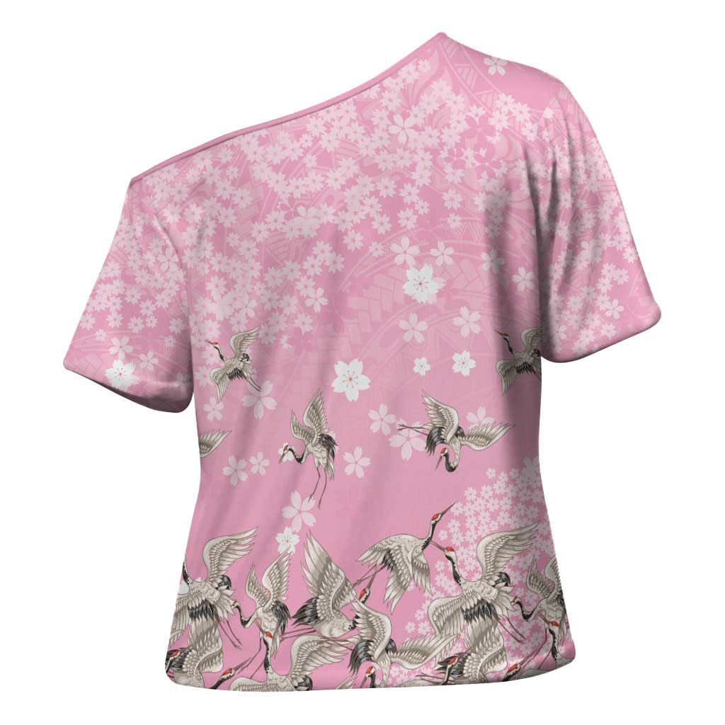 Cranes Sakura Floral Pink Pastel Cross Shoulder Shirt Hawaii Japan Culture - Polynesian Pride