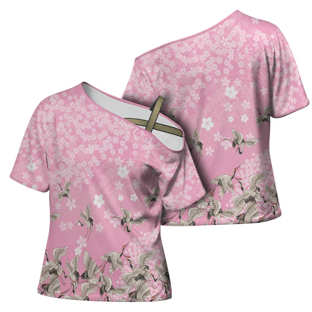 Cranes Sakura Floral Pink Pastel Cross Shoulder Shirt Hawaii Japan Culture - Polynesian Pride