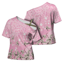 Cranes Sakura Floral Pink Pastel Cross Shoulder Shirt Hawaii Japan Culture - Polynesian Pride