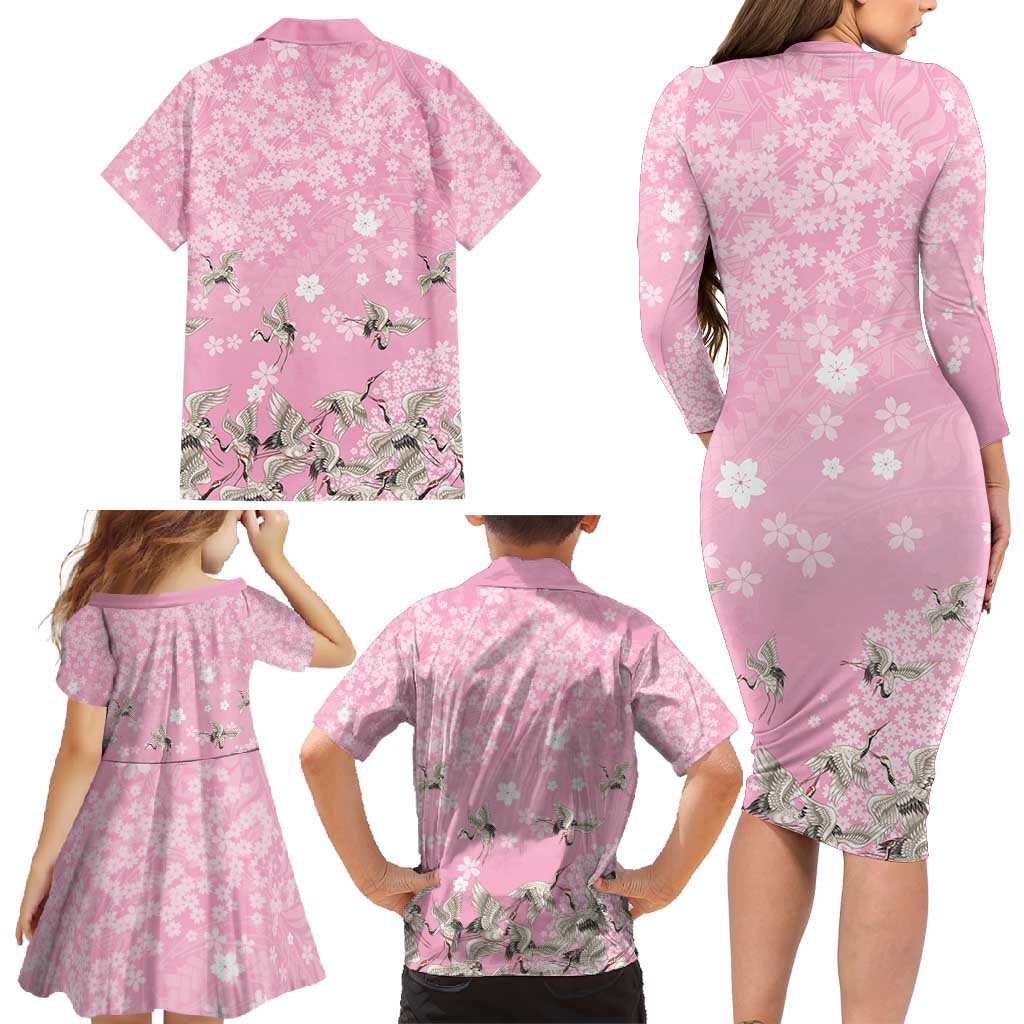 Cranes Sakura Floral Pink Pastel Family Matching Long Sleeve Bodycon Dress and Hawaiian Shirt Hawaii Japan Culture - Polynesian Pride