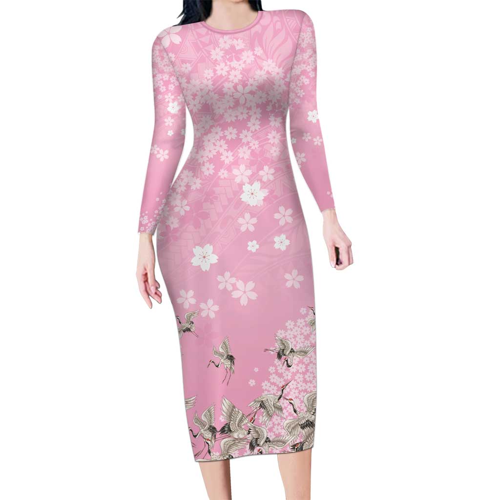 Cranes Sakura Floral Pink Pastel Family Matching Long Sleeve Bodycon Dress and Hawaiian Shirt Hawaii Japan Culture - Polynesian Pride