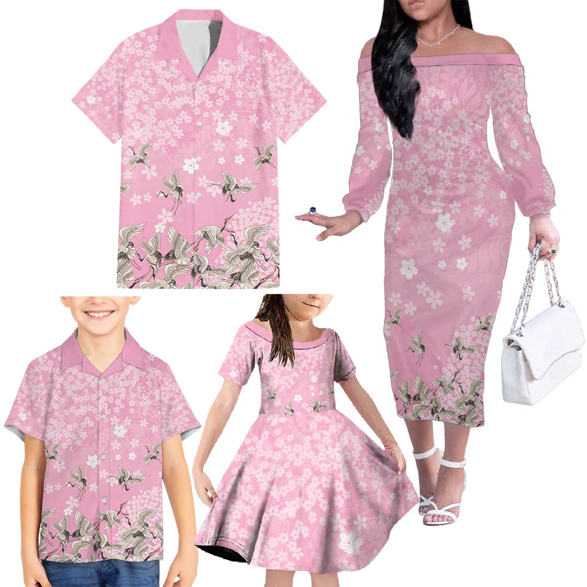 Cranes Sakura Floral Pink Pastel Family Matching Off The Shoulder Long Sleeve Dress and Hawaiian Shirt Hawaii Japan Culture - Polynesian Pride