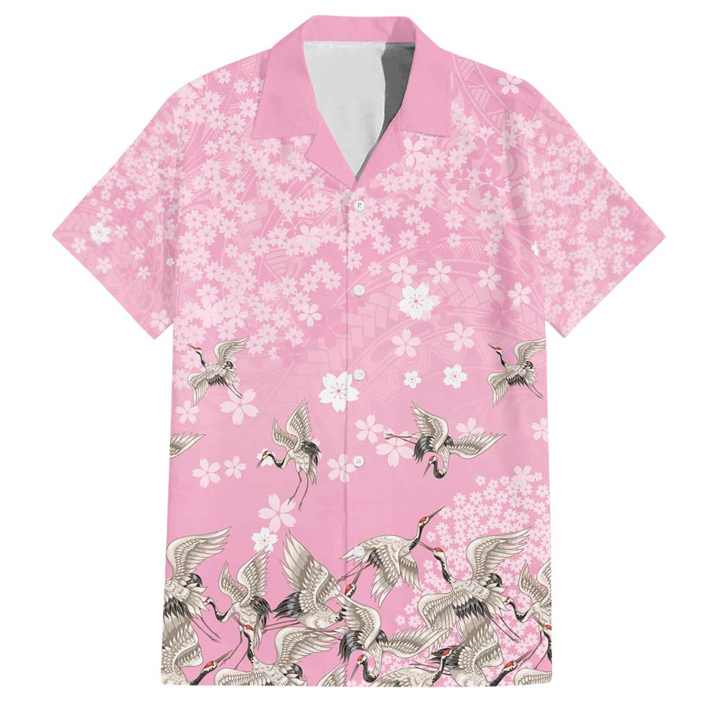 Cranes Sakura Floral Pink Pastel Family Matching Off Shoulder Maxi Dress and Hawaiian Shirt Hawaii Japan Culture - Polynesian Pride