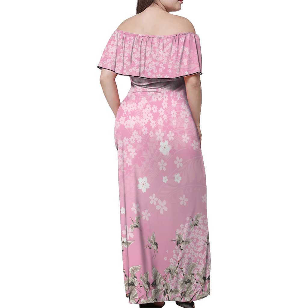Cranes Sakura Floral Pink Pastel Family Matching Off Shoulder Maxi Dress and Hawaiian Shirt Hawaii Japan Culture - Polynesian Pride