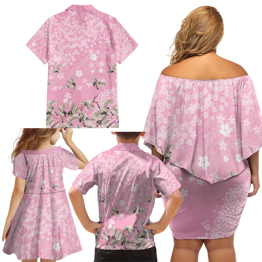 Cranes Sakura Floral Pink Pastel Family Matching Off Shoulder Short Dress and Hawaiian Shirt Hawaii Japan Culture - Polynesian Pride