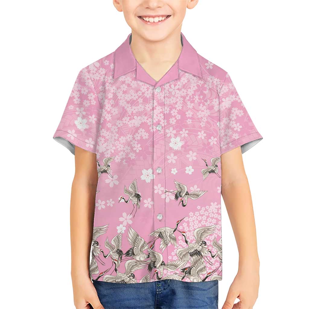 Cranes Sakura Floral Pink Pastel Family Matching Puletasi and Hawaiian Shirt Hawaii Japan Culture LT01 Son's Shirt Pink - Polynesian Pride