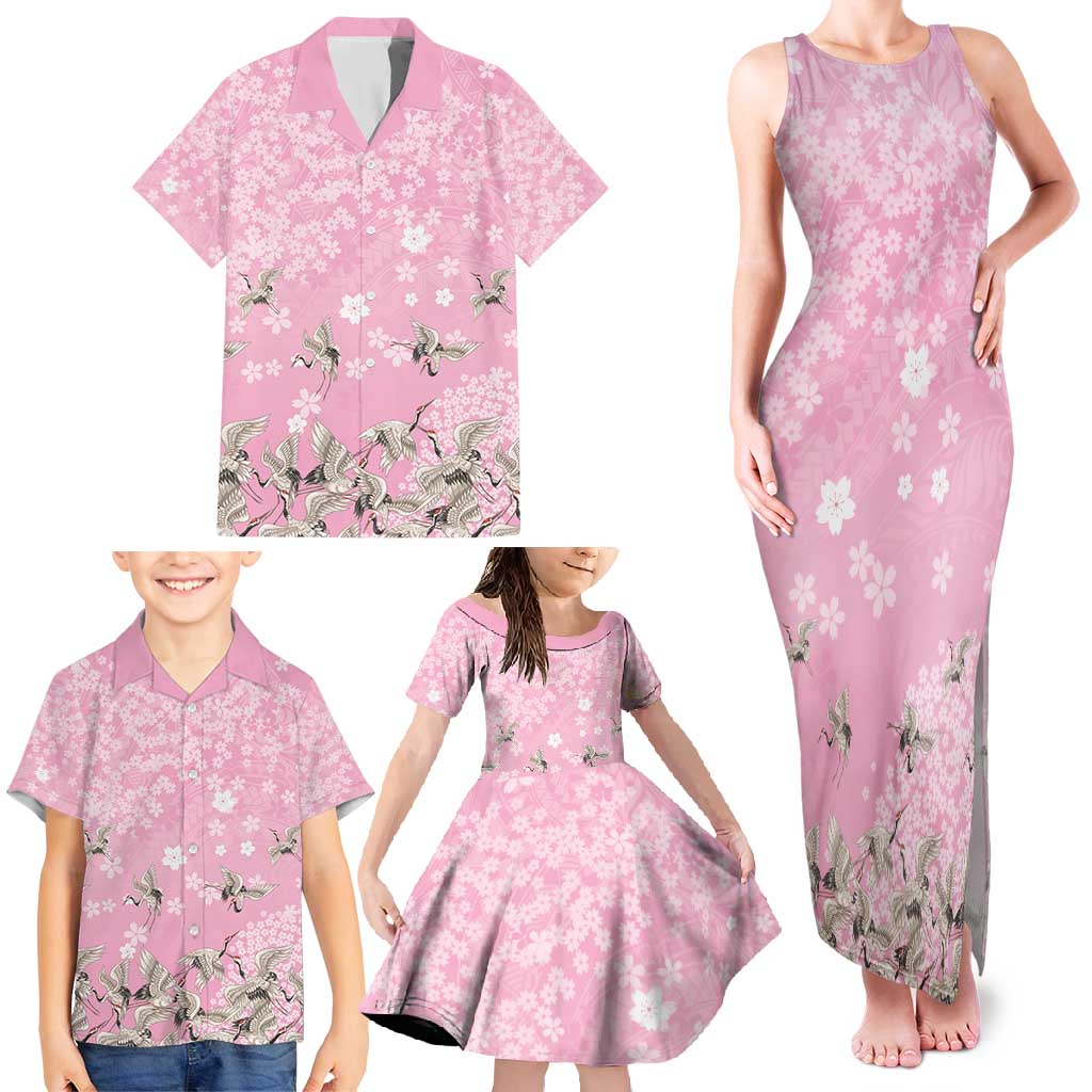 Cranes Sakura Floral Pink Pastel Family Matching Tank Maxi Dress and Hawaiian Shirt Hawaii Japan Culture - Polynesian Pride