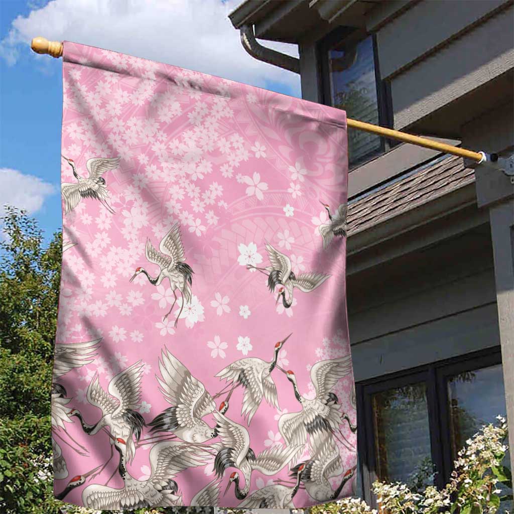 Cranes Sakura Floral Pink Pastel Garden Flag Hawaii Japan Culture - Polynesian Pride