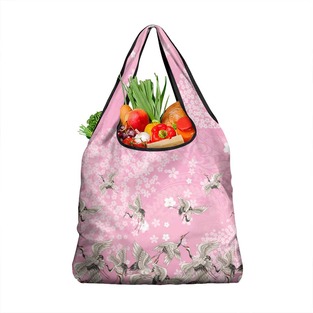 Cranes Sakura Floral Pink Pastel Grocery Bag Hawaii Japan Culture LT01 1-pack One Size Pink - Polynesian Pride