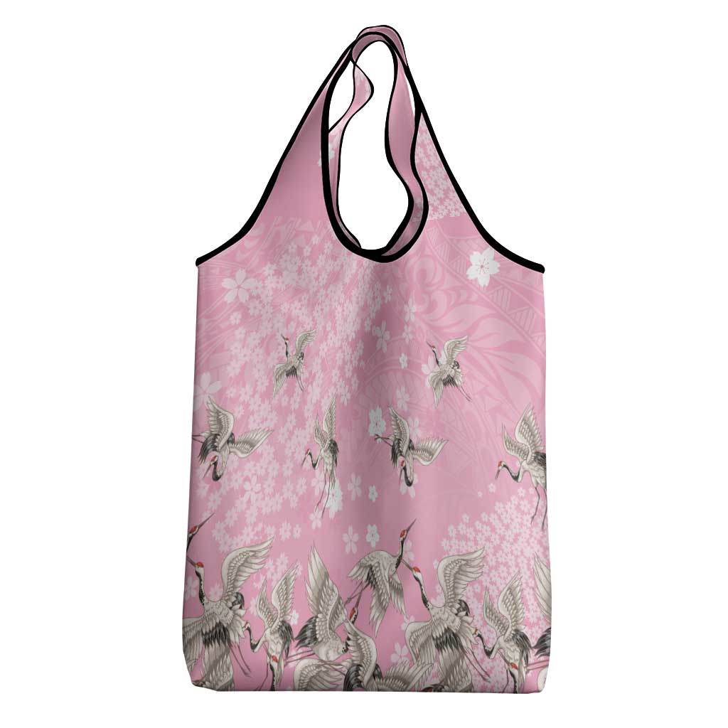 Cranes Sakura Floral Pink Pastel Grocery Bag Hawaii Japan Culture - Polynesian Pride
