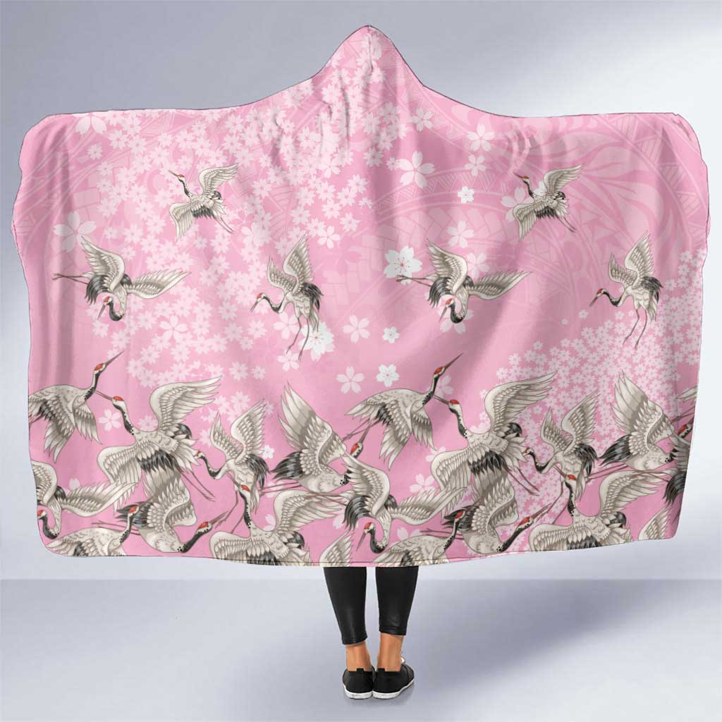 Cranes Sakura Floral Pink Pastel Hooded Blanket Hawaii Japan Culture - Polynesian Pride