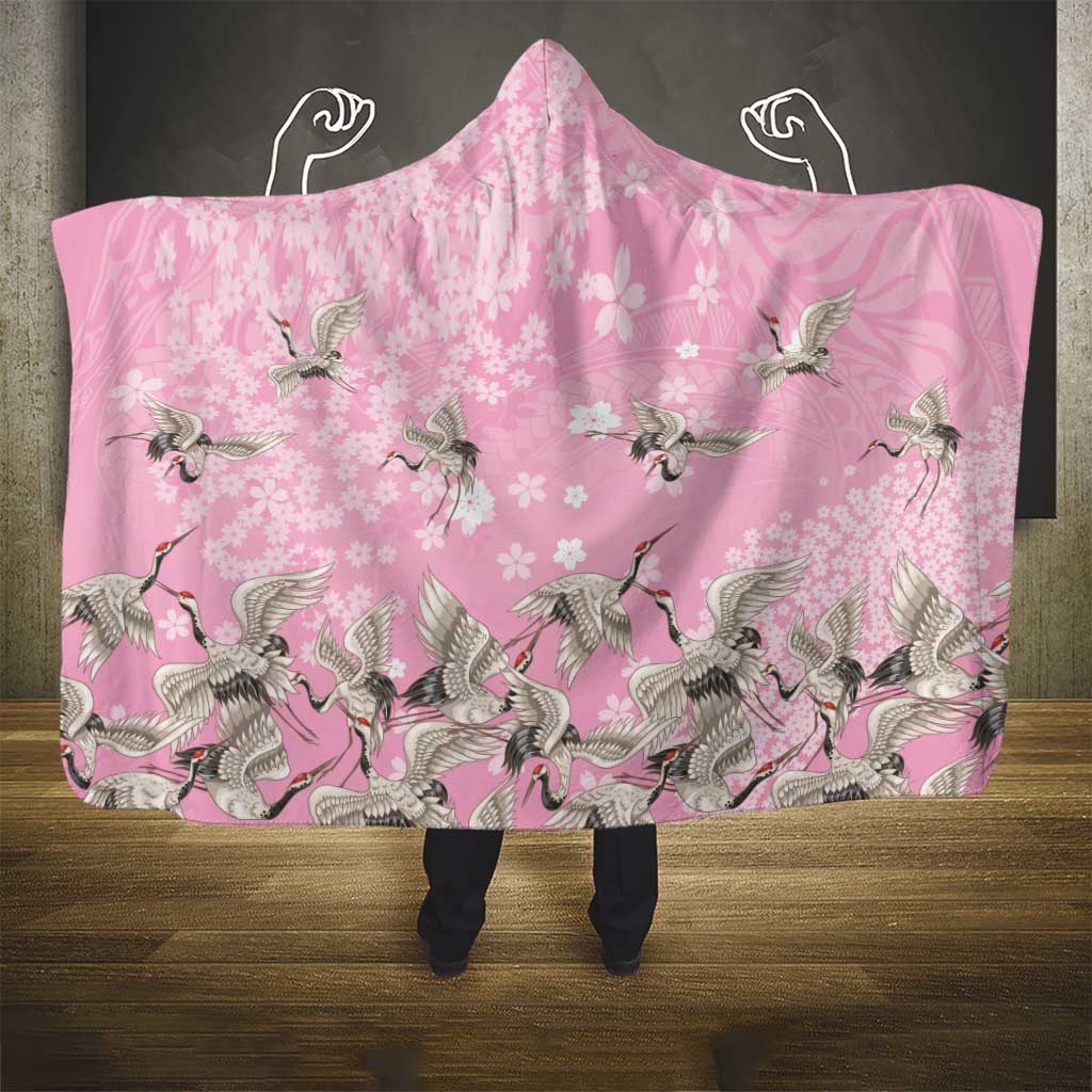Cranes Sakura Floral Pink Pastel Hooded Blanket Hawaii Japan Culture - Polynesian Pride