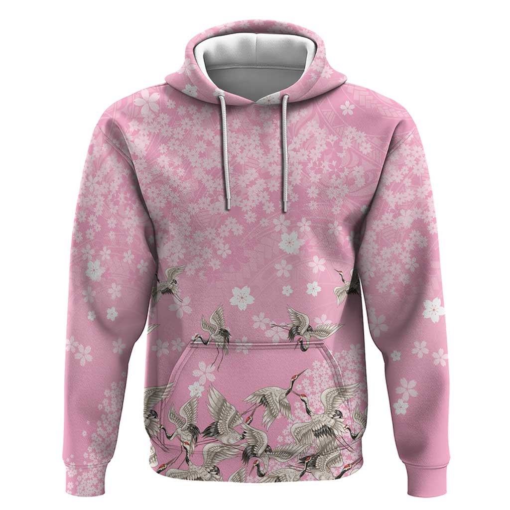 Cranes Sakura Floral Pink Pastel Hoodie Hawaii Japan Culture LT01 Pullover Hoodie Pink - Polynesian Pride