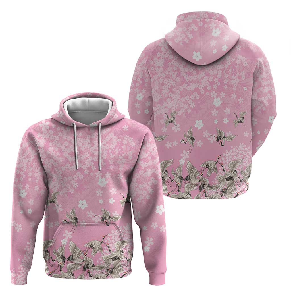 Cranes Sakura Floral Pink Pastel Hoodie Hawaii Japan Culture - Polynesian Pride