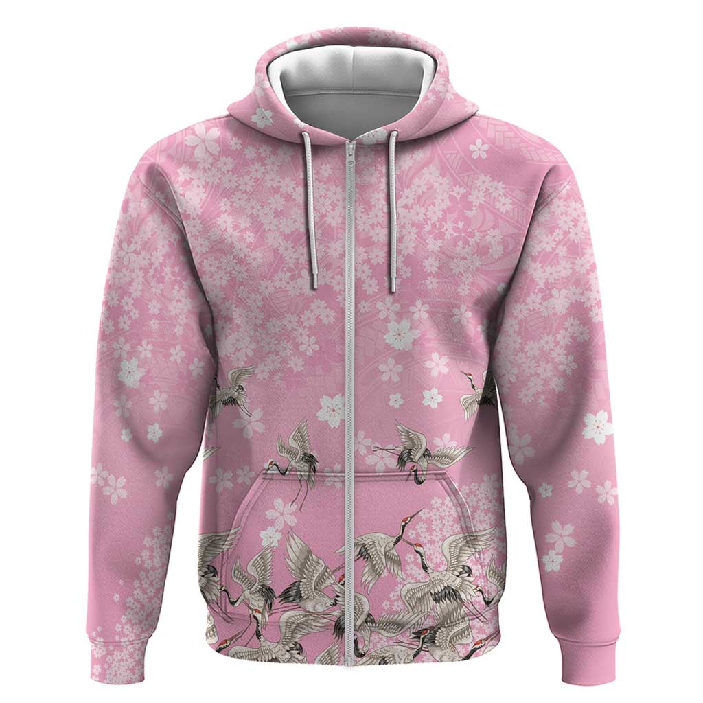 Cranes Sakura Floral Pink Pastel Hoodie Hawaii Japan Culture - Polynesian Pride
