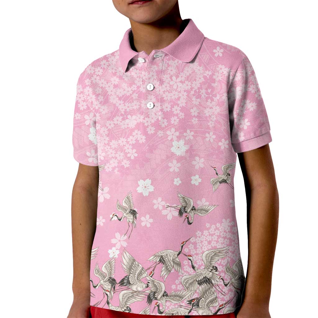 Cranes Sakura Floral Pink Pastel Kid Polo Shirt Hawaii Japan Culture LT01 Kid Pink - Polynesian Pride