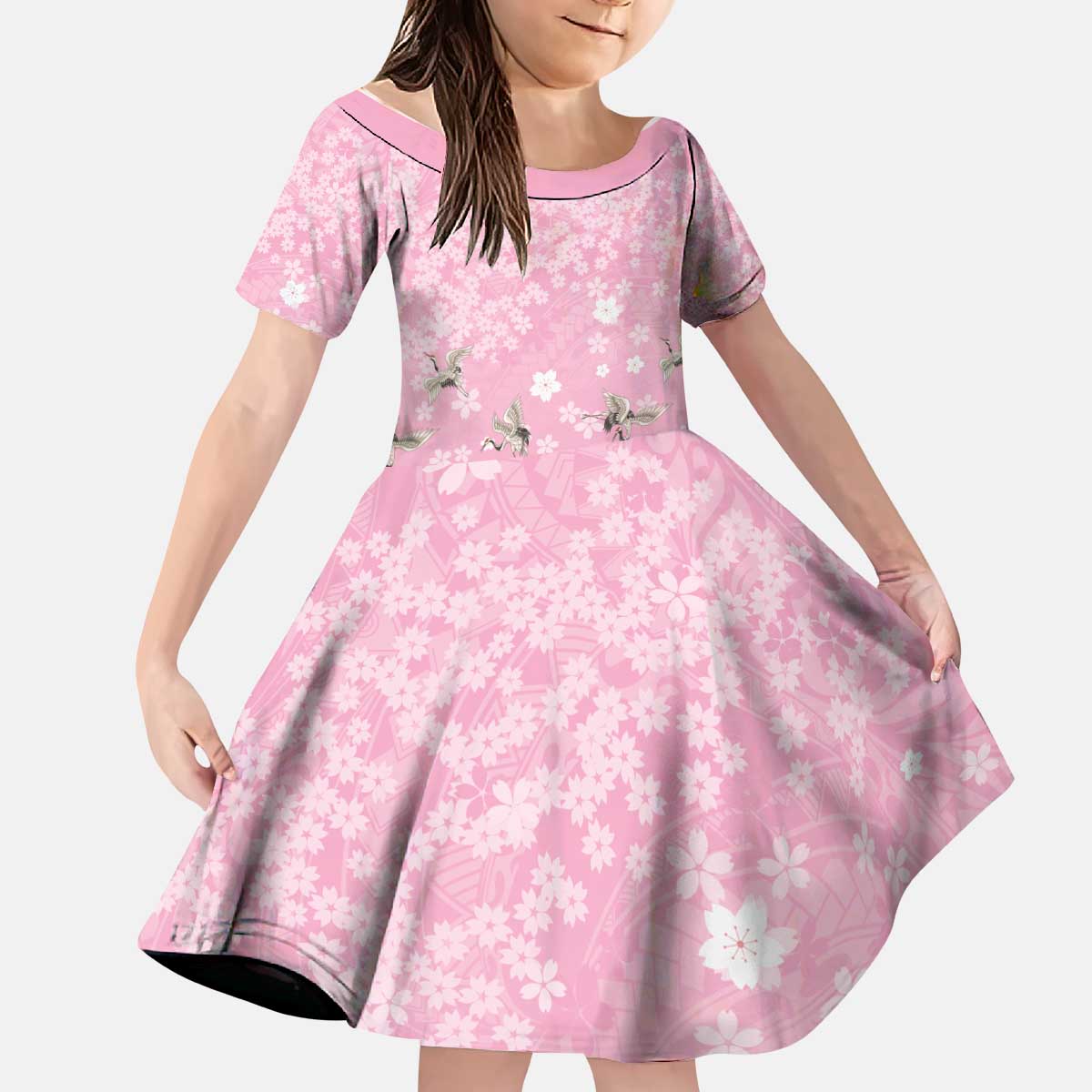 Cranes Sakura Floral Pink Pastel Kid Short Sleeve Dress Hawaii Japan Culture - Polynesian Pride