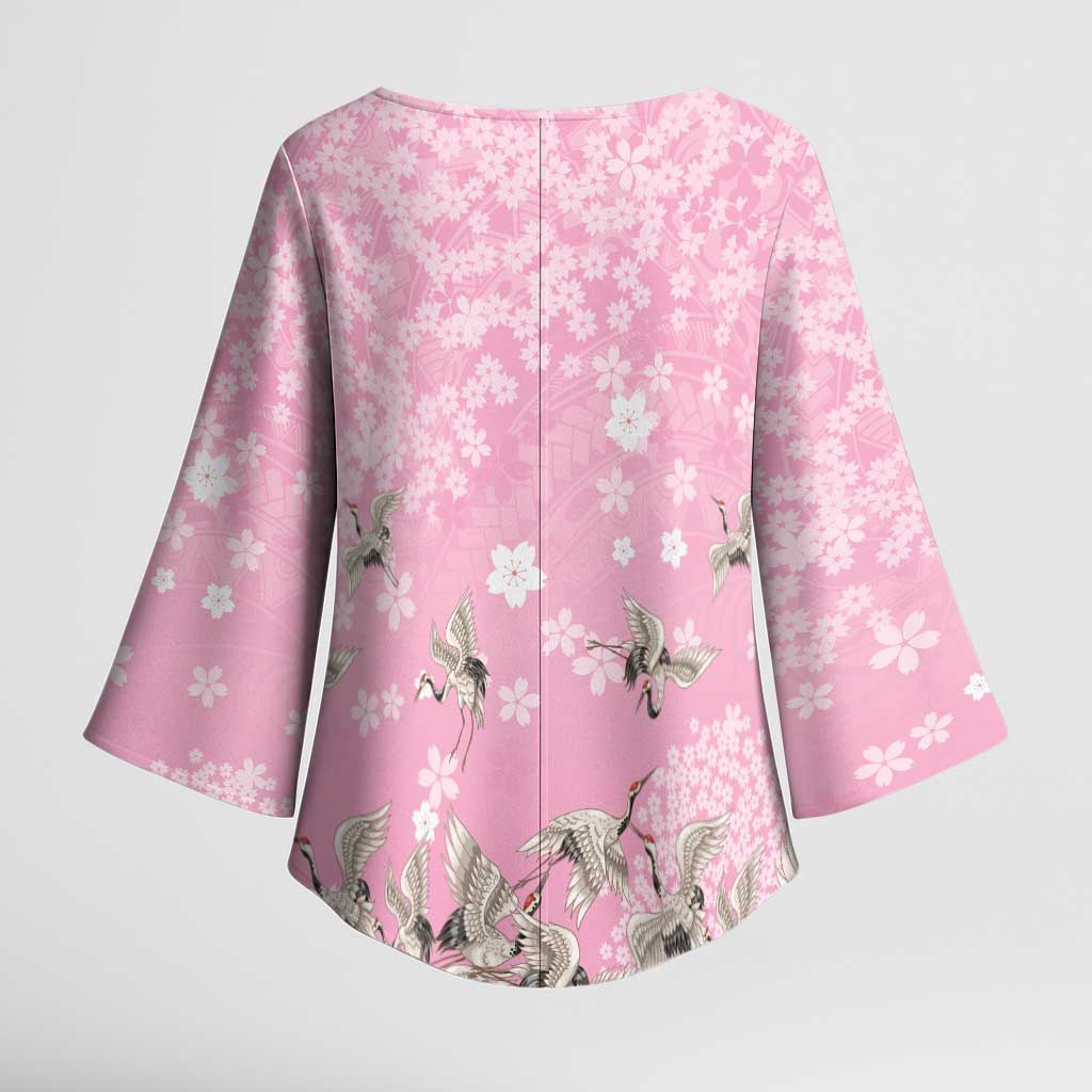 Cranes Sakura Floral Pink Pastel Kimono Sleeve Blouse Hawaii Japan Culture - Polynesian Pride