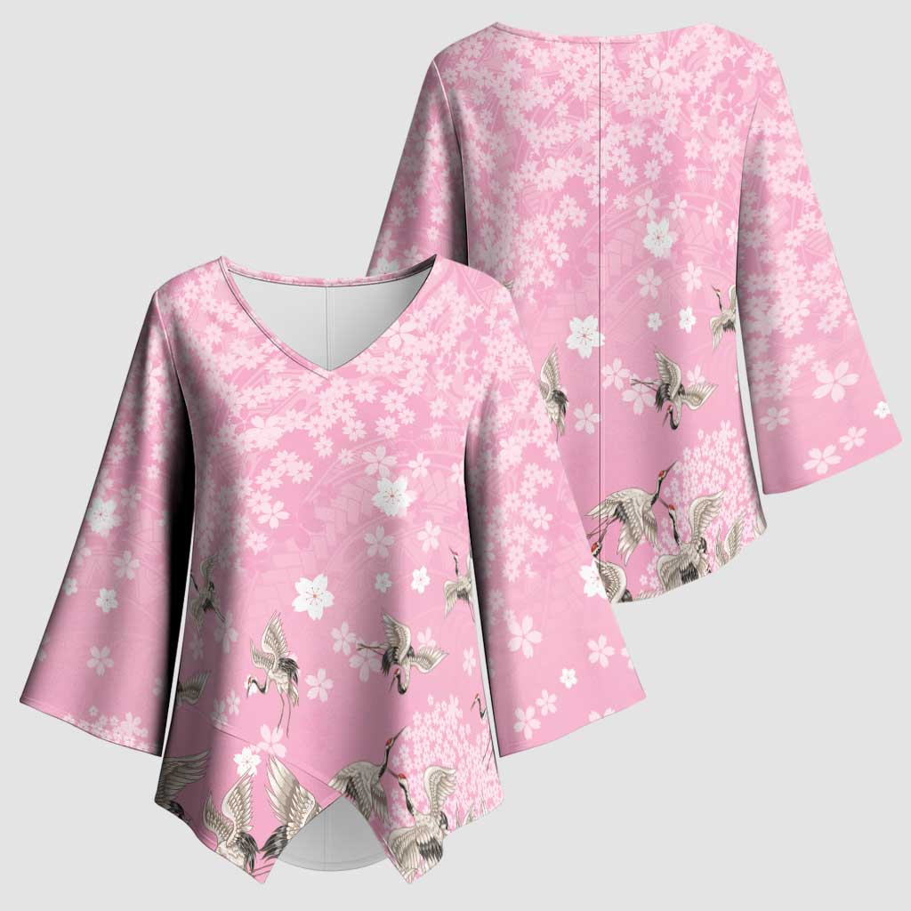 Cranes Sakura Floral Pink Pastel Kimono Sleeve Blouse Hawaii Japan Culture - Polynesian Pride