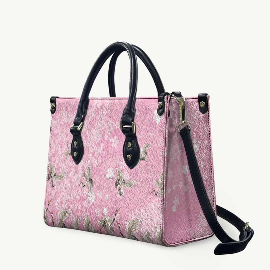 Cranes Sakura Floral Pink Pastel Leather Bag Hawaii Japan Culture LT01 Pink - Polynesian Pride