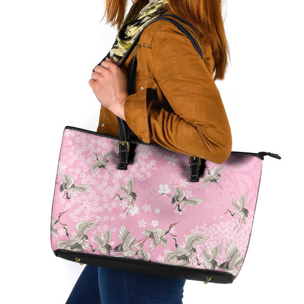 Cranes Sakura Floral Pink Pastel Leather Tote Bag Hawaii Japan Culture - Polynesian Pride