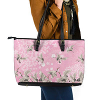 Cranes Sakura Floral Pink Pastel Leather Tote Bag Hawaii Japan Culture - Polynesian Pride