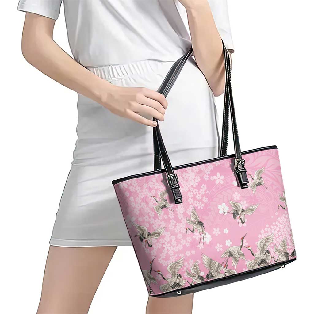 Cranes Sakura Floral Pink Pastel Leather Tote Bag Hawaii Japan Culture - Polynesian Pride
