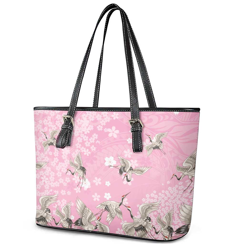 Cranes Sakura Floral Pink Pastel Leather Tote Bag Hawaii Japan Culture - Polynesian Pride