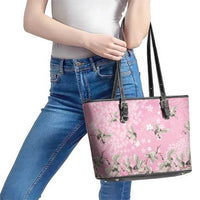 Cranes Sakura Floral Pink Pastel Leather Tote Bag Hawaii Japan Culture - Polynesian Pride
