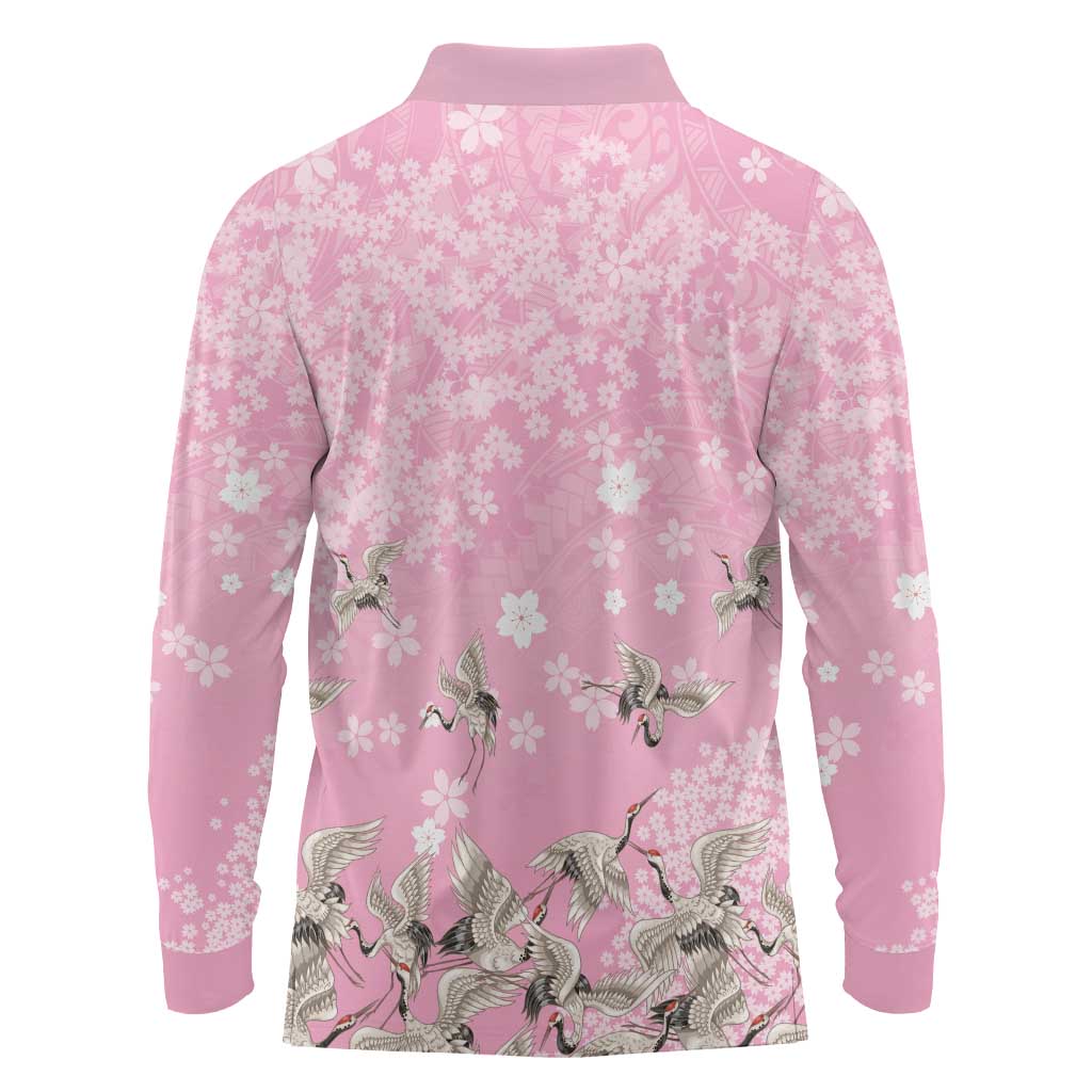 Cranes Sakura Floral Pink Pastel Long Sleeve Polo Shirt Hawaii Japan Culture - Polynesian Pride
